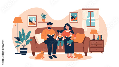 Happy family with two young children sitting on a sofa in a cozy living room reading books together while their pet cats rest nearby.