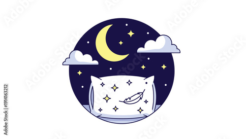 Peaceful night scene with a crescent moon, stars, and clouds surrounding a pillow and a feather inside a dark blue circular frame background.