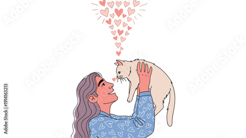 Joyful woman holding a cute white cat in the air with many floating pink hearts symbolizing deep love and affection for her feline friend.