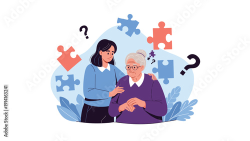 Young female caregiver supporting an elderly woman with floating puzzle pieces and question marks representing memory loss and dementia care.