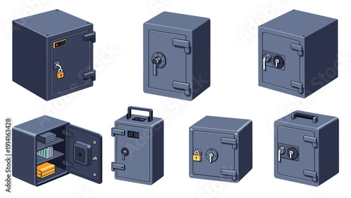 Variety of heavy metal security safes and deposit boxes in different sizes with combination locks and keys for valuable item protection.
