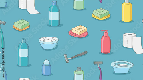 Seamless pattern of bathroom and personal hygiene supplies including soap, razors, shampoo bottles, and toilet paper on a teal background.