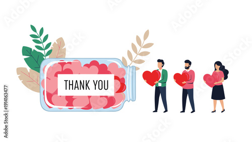 People putting red heart shapes into a glass jar labeled Thank You representing gratitude, appreciation, and community support actions.
