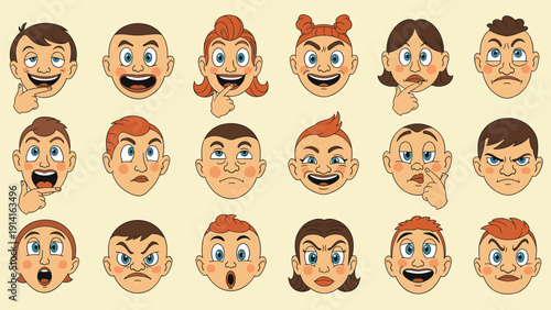 Diverse collection of cartoon character faces showing various emotions like happiness anger surprise and confusion in a retro style.