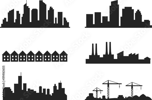 City skylines, suburbs, factories, construction sites, towers, urban planning, architecture, flat vector