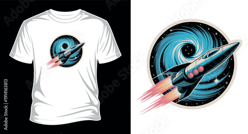 Space rocket ship flying through blue wormhole vortex t-shirt graphic design
