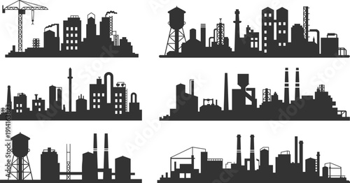 Industrial cityscape silhouettes, factories, smokestacks, cranes, towers, urban infrastructure, architecture, flat vector