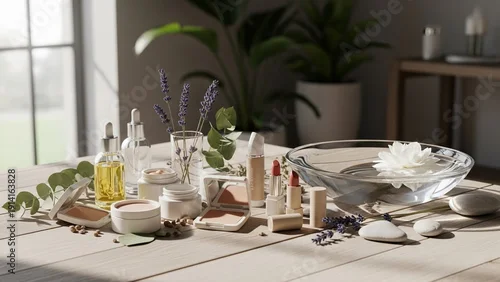 Fototapeta samoprzylepna Spa Day Essentials - Serene Arrangement of Skincare Products and Natural Elements.
