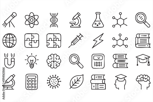 Science research outline icons with laboratory and education symbols