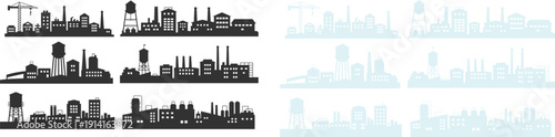 Industrial cityscape silhouettes, factories, warehouses, cranes, chimneys, urban infrastructure, architecture, flat vector