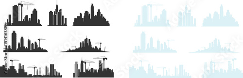 City skyline silhouettes, urban buildings, construction cranes, architecture, planning, development, flat vector