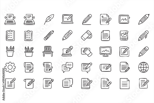 Writing and editing outline icons with document and pencil