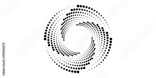 Modern abstract background. Halftone dots in circle form. Round logo. Vector dotted frame. Design element or icon, logo. Black shape on a white background and the same white shape on the black side.