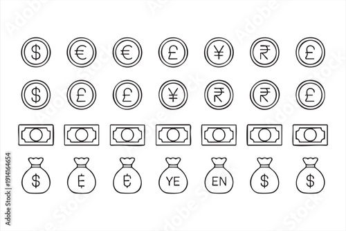 Currency and money outline icons with global financial symbols
