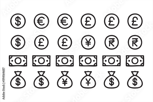 International Money Symbols Outline Icon Collection for Banking Design