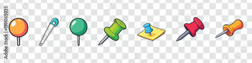 Colorful Push Pins, Thumbtacks and Safety Pin Vector Icon Set. Office Stationery, Memo Board and Map Markers Collection.