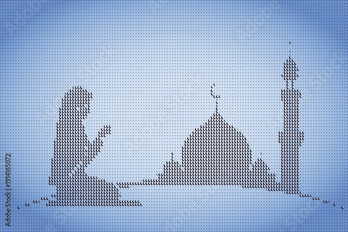 abstract halftone dot pattern background with kneeling human silhouette and domed architectural structure minimal geometric blue composition