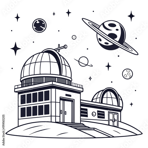 Observatory building with domes and planets stars