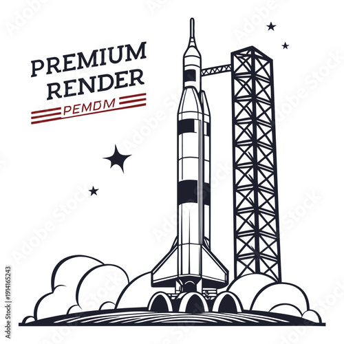 Black and white of a rocket on a launchpad space exploration