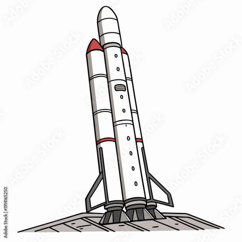 Cartoon white and red rocket on launchpad space shuttle