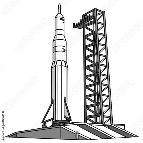Rocket on launchpad with tower spacecraft launch site