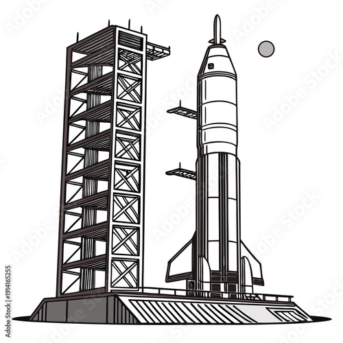 Rocket on launchpad with service tower space spacecraft