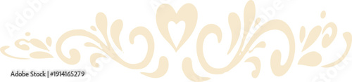 A horizontal beige ornamental flourish with swirling scrollwork and a central heart motif, designed as an elegant decorative divider
