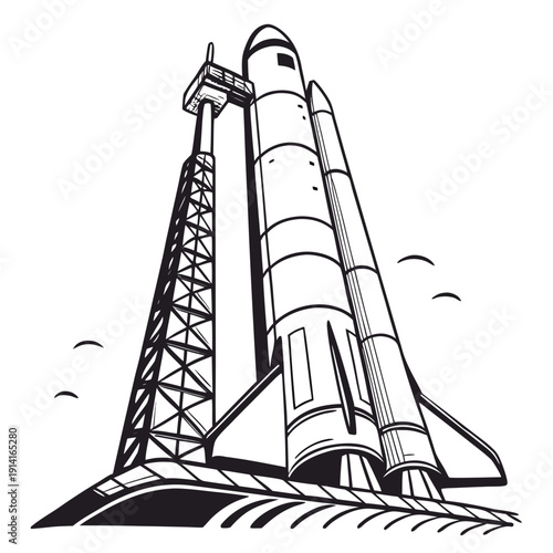 Black and white of a rocket on a launchpad space shuttle