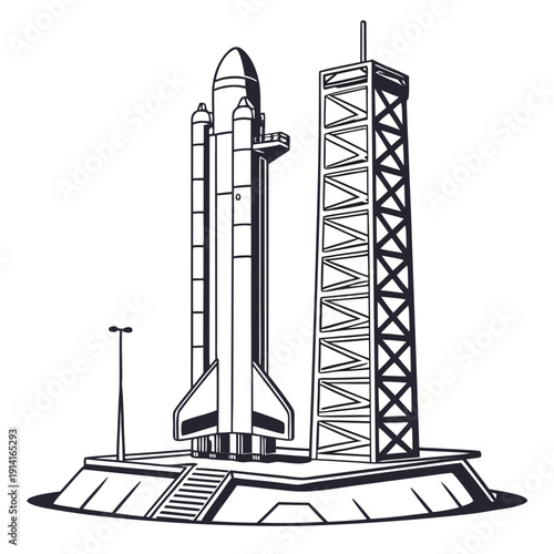 Black and white of a rocket on a launchpad space line spacecraft