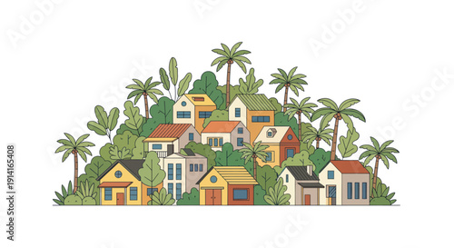Charming cartoon village with colorful houses and palm trees on a hill