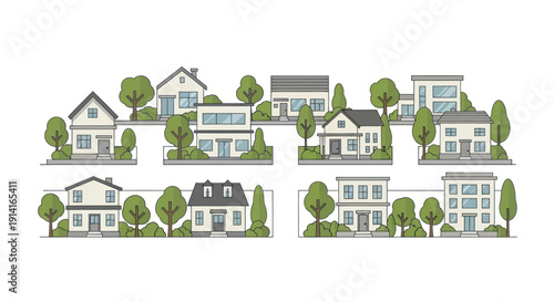 Pixel Art Neighborhood: Diverse Houses and Green Trees in a Row
