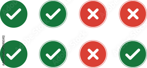 Various green checkmark icons and red cross symbols signify approval or disapproval on a white background