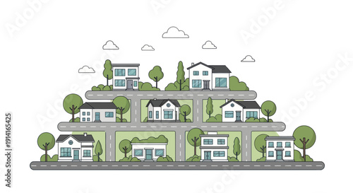 Suburban neighborhood with diverse houses on tiered streets, green trees, and clouds