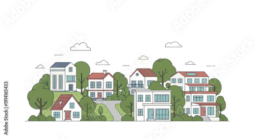 Modern suburban neighborhood illustration with diverse houses and green trees