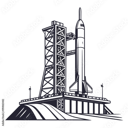 Black and white of a rocket on a launchpad space line space exploration 1