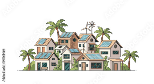 Eco-friendly village with solar panels and wind turbines, sustainable living concept