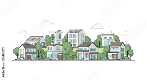 Modern Suburban Neighborhood with Eco-Friendly Houses and Green Trees