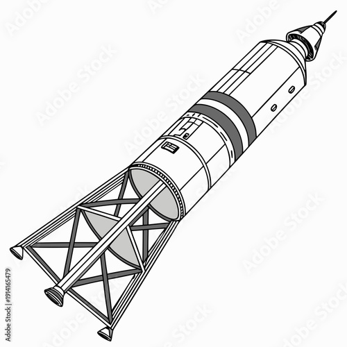 Black and white of a rocket with a launchpad spacecraft