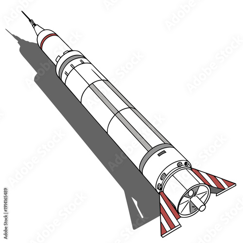 White rocket with red fins and shadow on white background