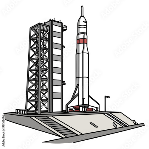 Rocket on launchpad with service tower space launch site