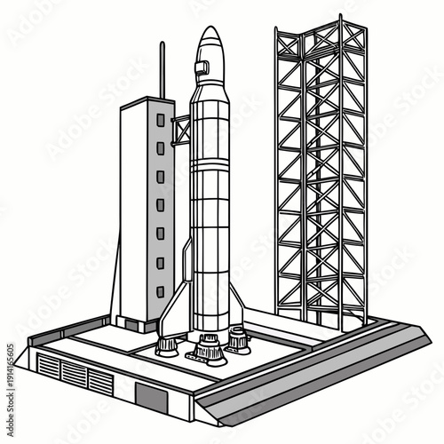 Rocket on launchpad with service tower and gantry space