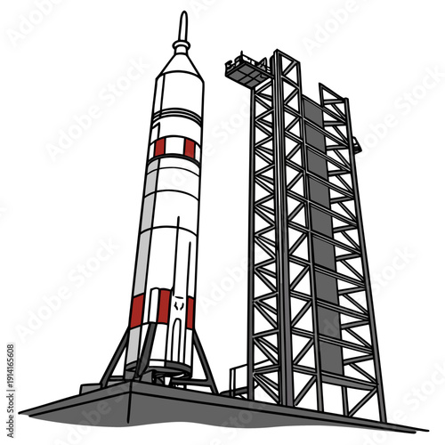 Cartoon rocket on launchpad with tower space