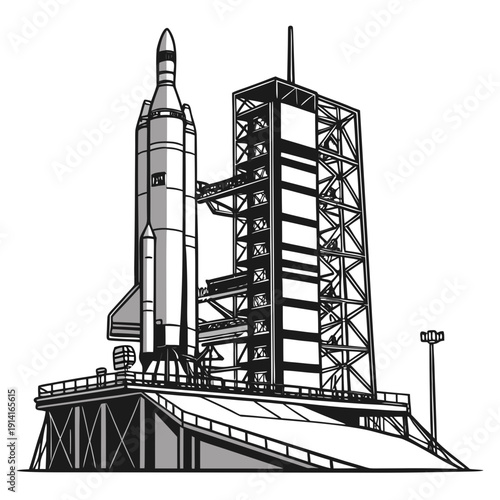 Rocket on launchpad with tower space shuttle