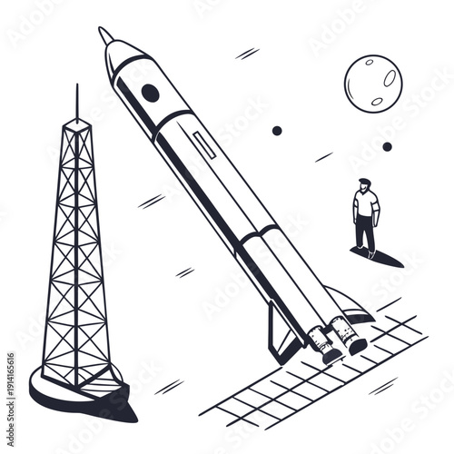 Black and white of a rocket launching from a tower with a man standing nearby