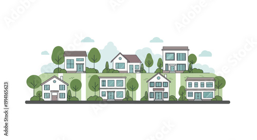 Suburban Neighborhood Landscape with Modern Houses and Green Trees