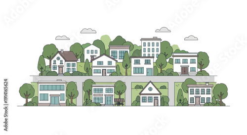 Cozy Suburban Neighborhood with Diverse Houses and Green Trees