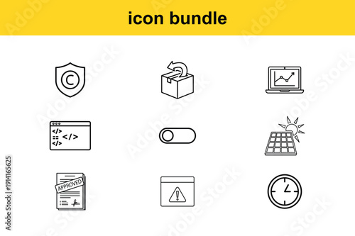 Corporate security and renewable energy icon bundle featuring web coding solar panels fingerprint protection and finance graphics