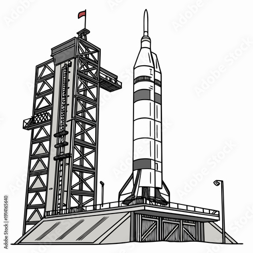 Rocket on launchpad with service tower and red flag