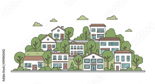 Charming illustration of a quaint village with houses and trees on a hill