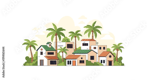Tropical Village Illustration: Palm Trees and Colorful Houses on White Background